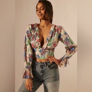 Anthropologie Floral Plunging V-Neck Smocked Waist Blouse